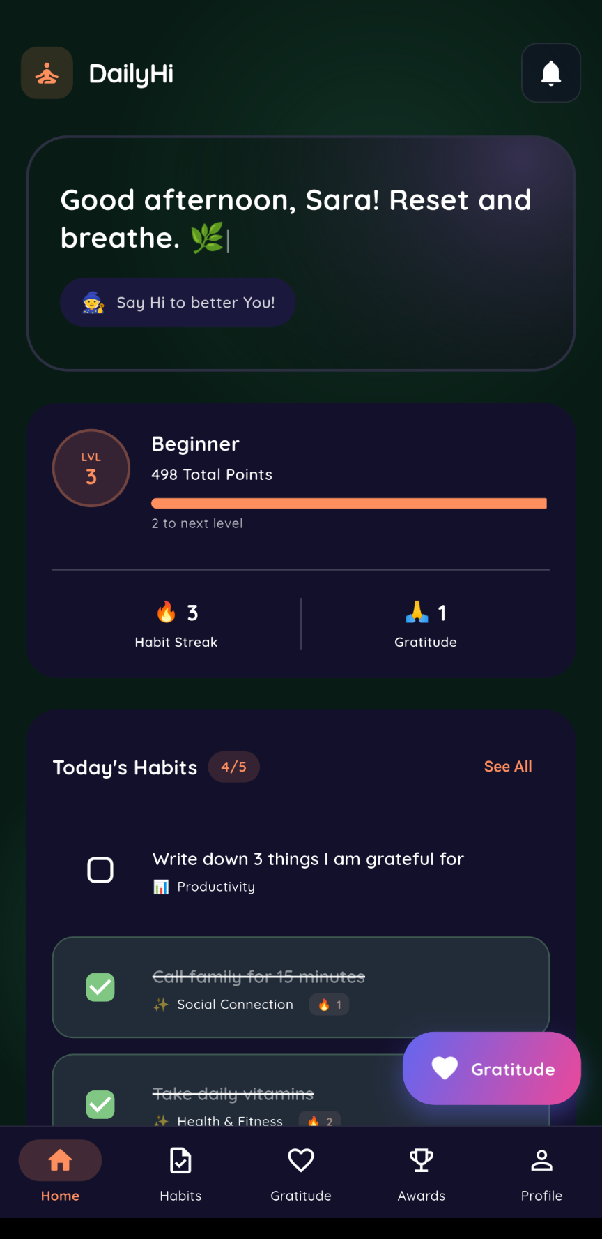 DailyHi Daily Dashboard - habit list with streak counter and XP progress bar