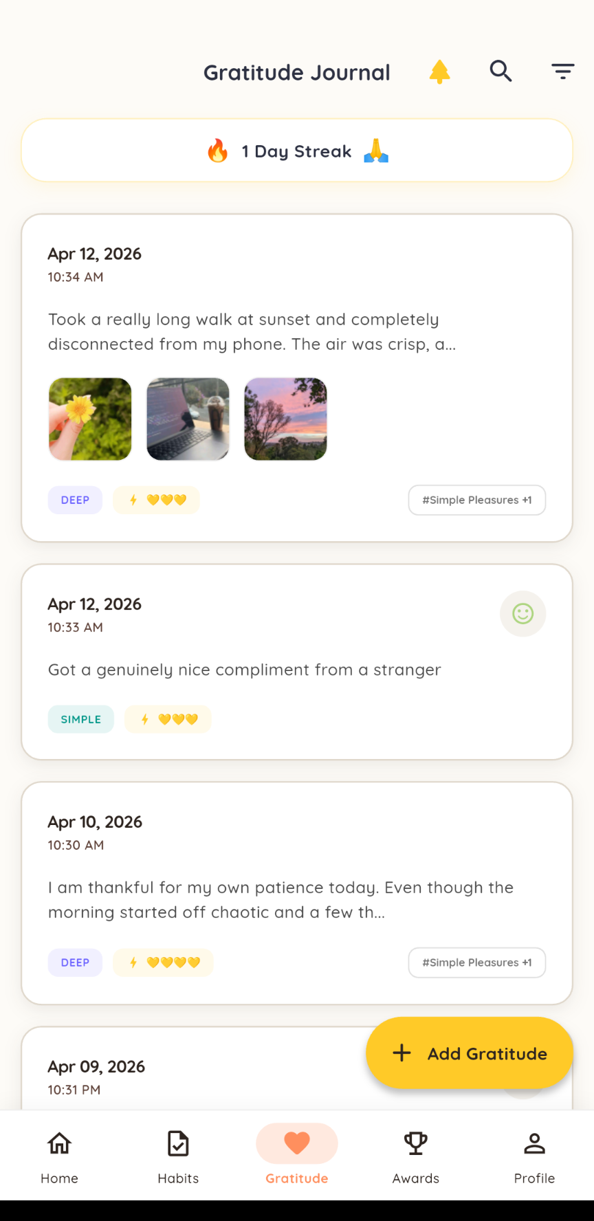 DailyHi Evening Reflection - gratitude journal and mood tracking screen